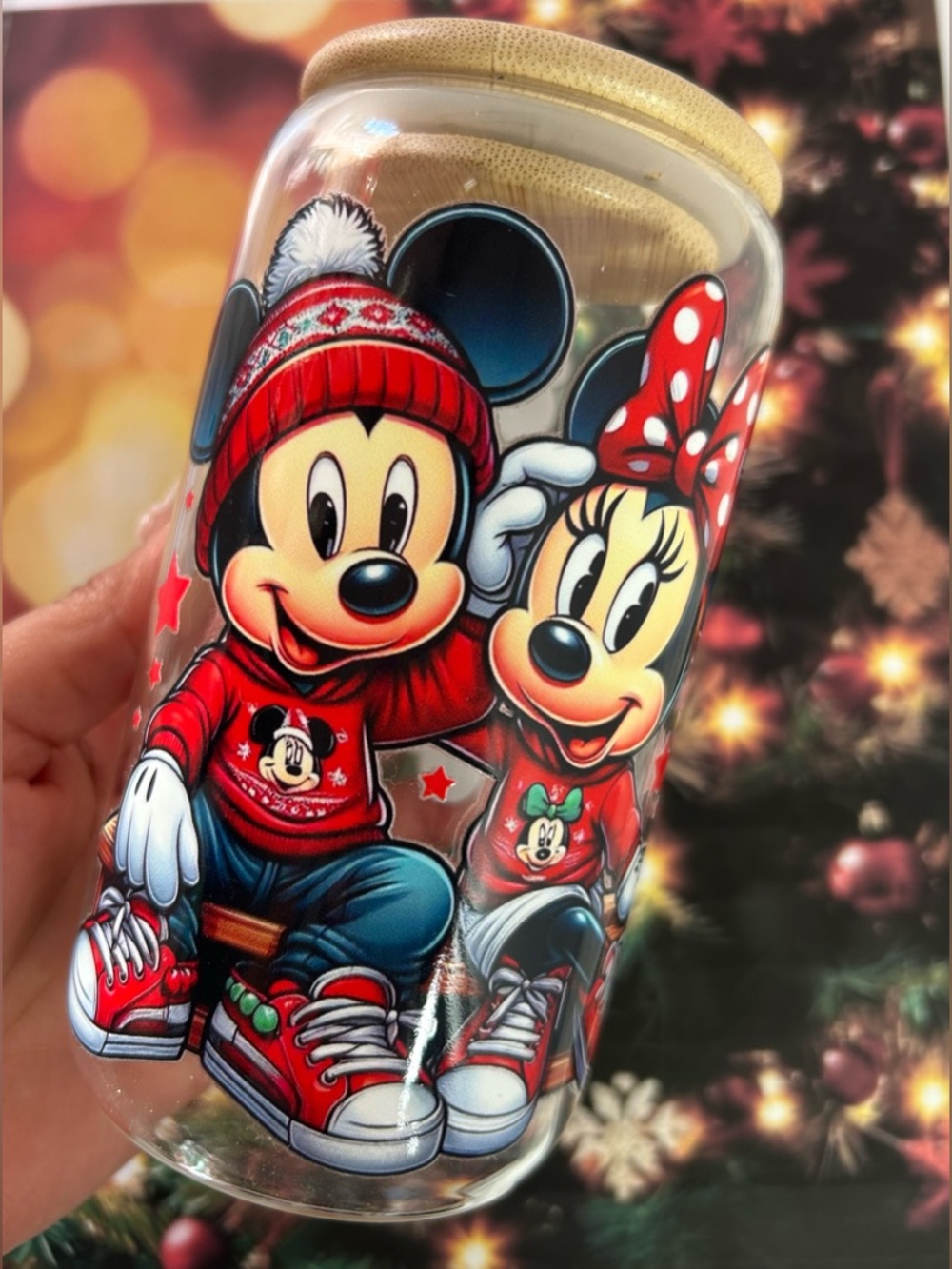 Mickey and Minnie Christmas Glass Cup 13oz Bamboo Lid Holiday Tumbler